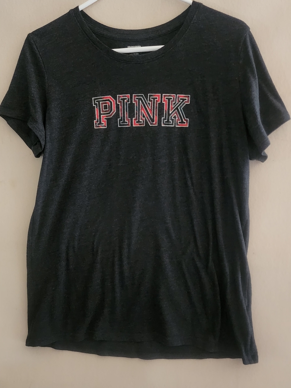Pink Rose Black Short Sleeve Tee with Red Lettering